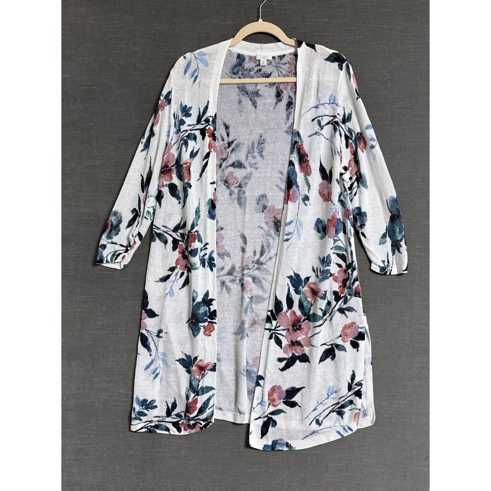 j jill Cardigan M White Pink Floral‎ Linen Blend Lightweight Beach Boho Casual